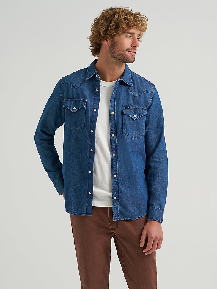 MEN'S LEE EUROPEAN COLLECTION REGULAR WESTERN DENIM BUTTON DOWN SHIRT IN MID STONE