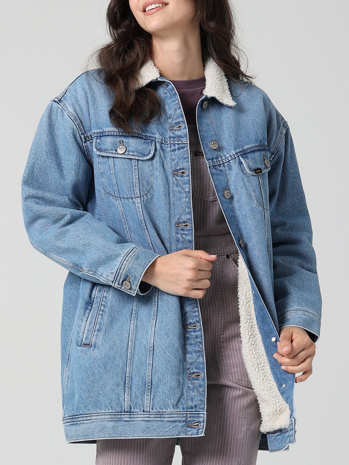 WOMEN'S LEE EUROPEAN COLLECTION SHERPA LINED LONG RIDER JACKET IN DAY USE