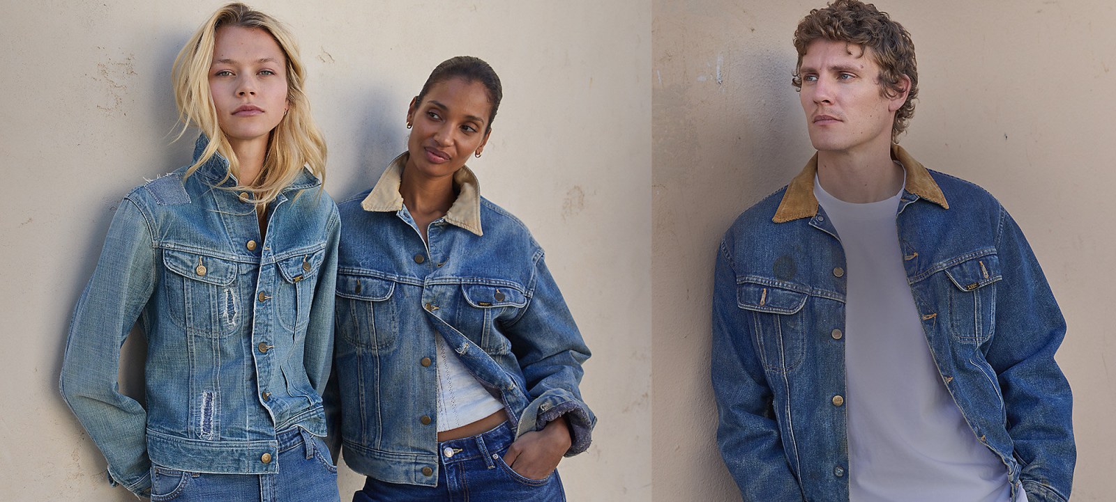 Group of friends leaning on a wall wearing vintage 70s and 80s Rider Jackets from Lee.
