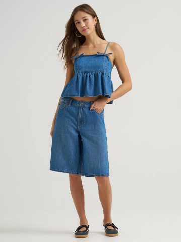 Women's Denim Bow Peplum Top