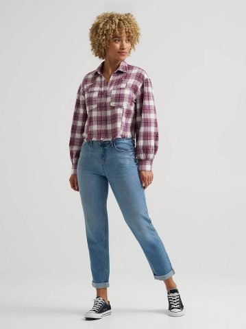 Women's Plaid Flannel Crop Shirt with Raw Hem