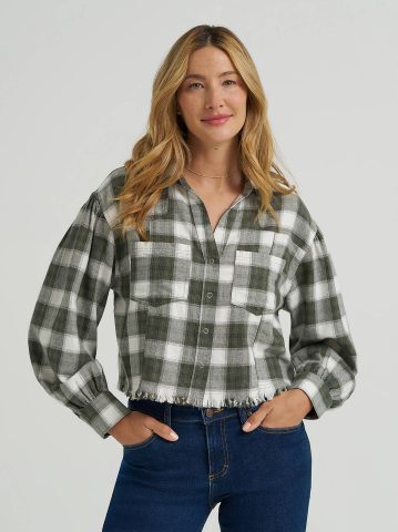 Women's Plaid Flannel Crop Shirt with Raw Hem