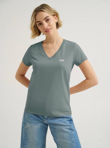 Women's Solid V-Neck Embroidered Logo Tee