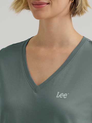 Women's Solid V-Neck Embroidered Logo Tee