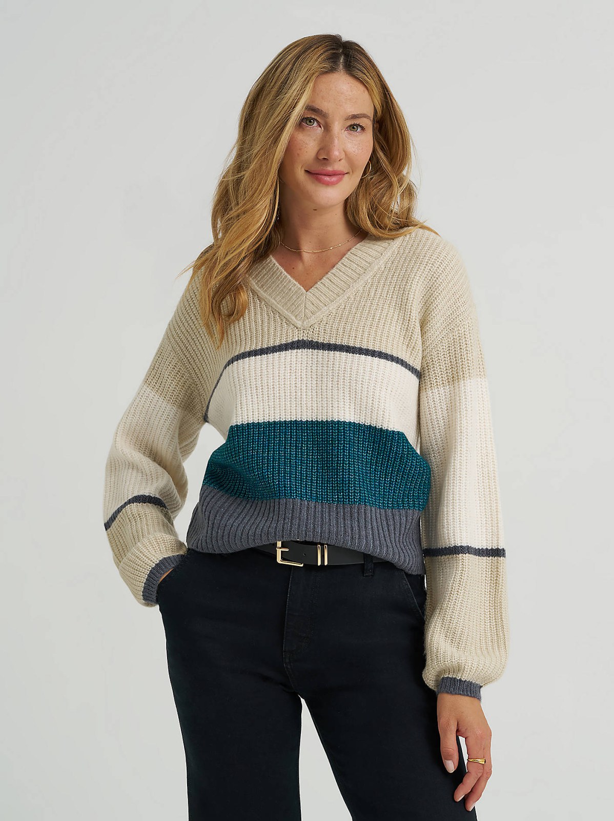 Women's Ribbed V-Neck Color Block  Sweater