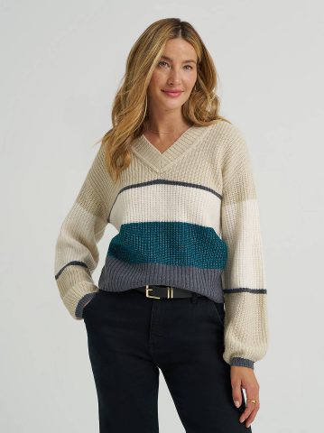 Women's Ribbed V-Neck Color Block  Sweater