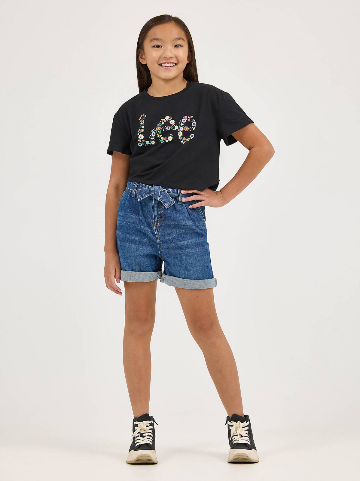 Girl's Belted Pleated Denim Short