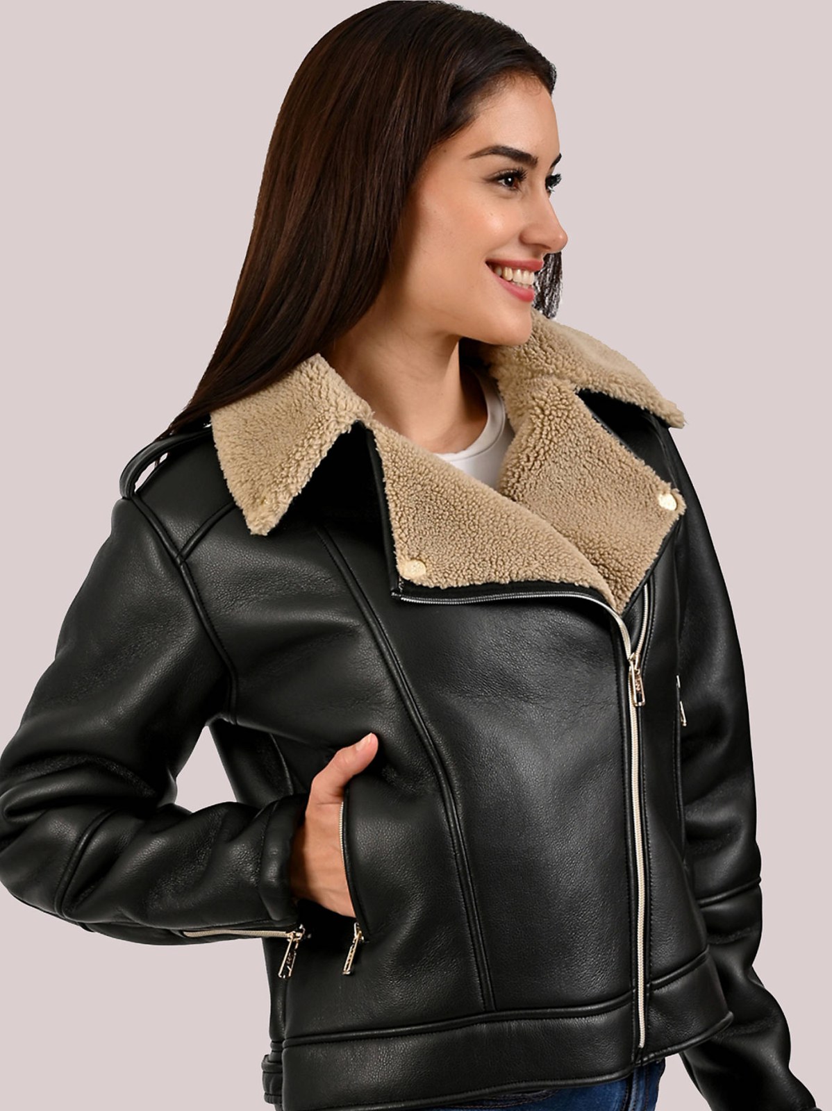 Women's Sherpa Lined Vegan Leather Moto Jacket - view 3