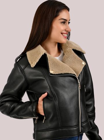 Women's Sherpa Lined Vegan Leather Moto Jacket