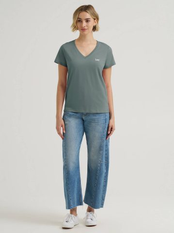 Women's Solid V-Neck Embroidered Logo Tee