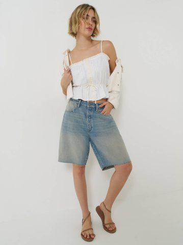 Women's Low Rise Button-Fly Darted Slouch Denim Bermuda