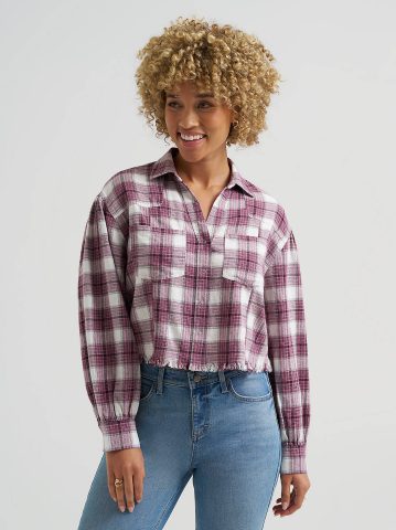 Women's Plaid Flannel Crop Shirt with Raw Hem