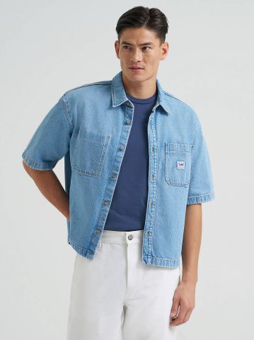 Men's Short Sleeve Loose Denim Button Down Shirt