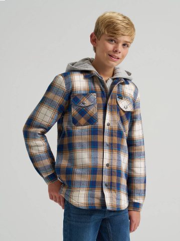 Boy's Flannel Sherpa Shacket with Fleece Lined Hood