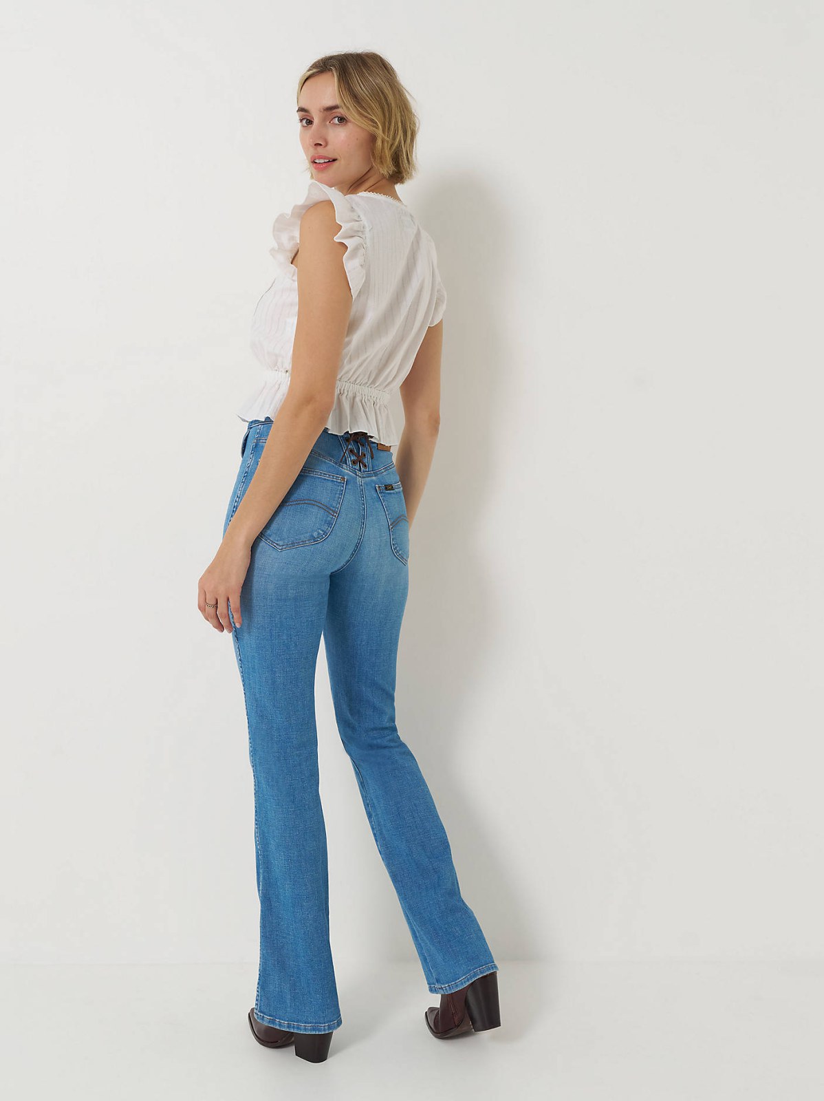 Women's Lace Up Back Button-Fly Bootcut Jean