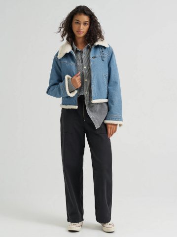 Women's Premium Sherpa Lined Aviator Denim Jacket