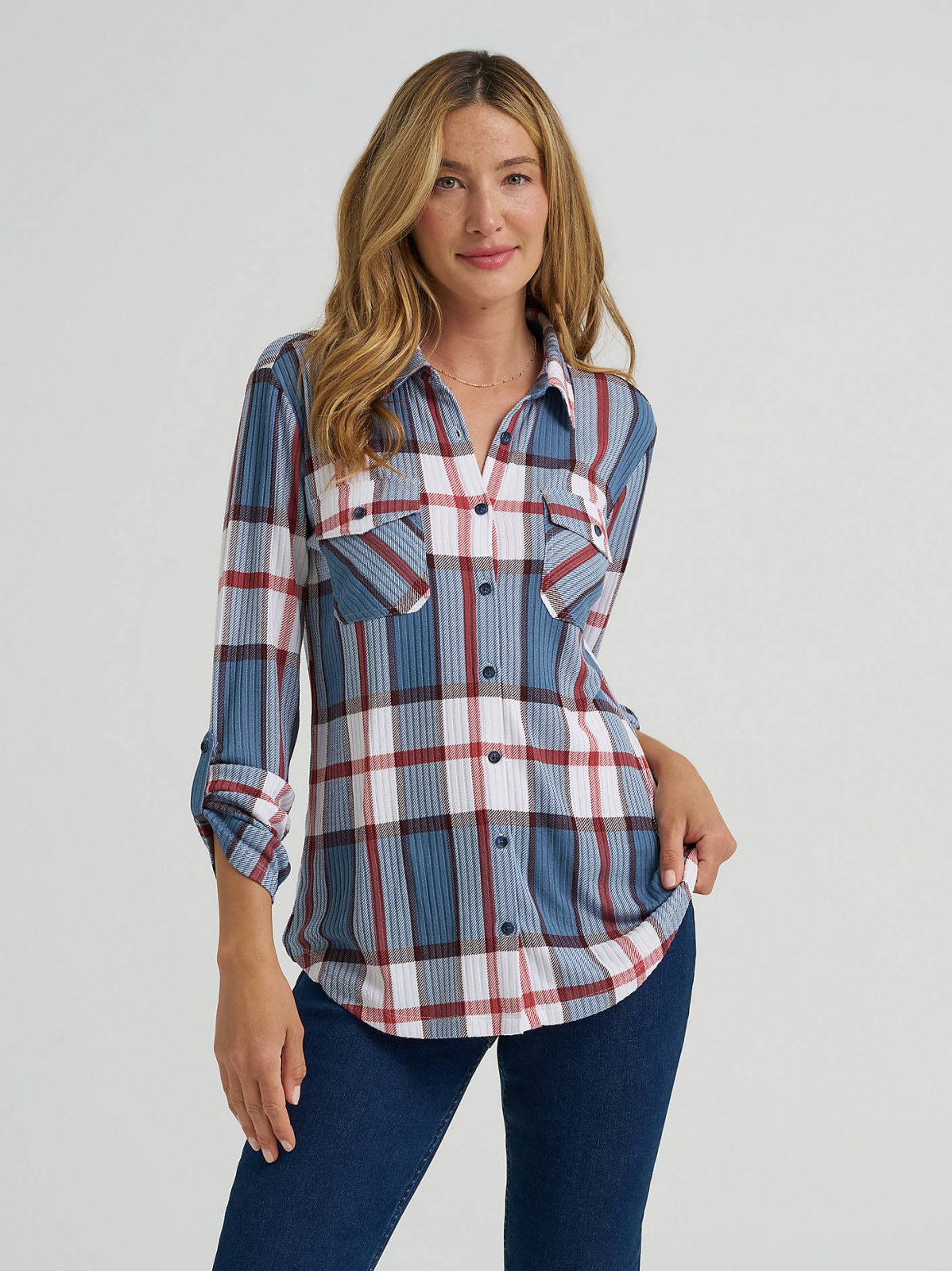Women's Double Pocket Plaid Button Down Shirt