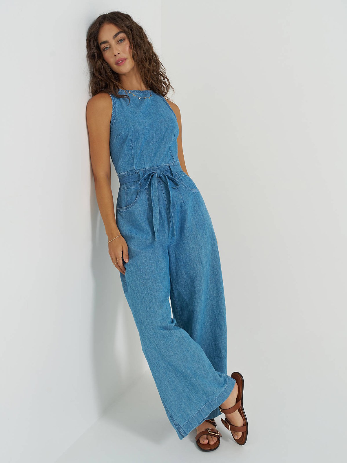 Women's Boatneck Tie Waist Jumpsuit