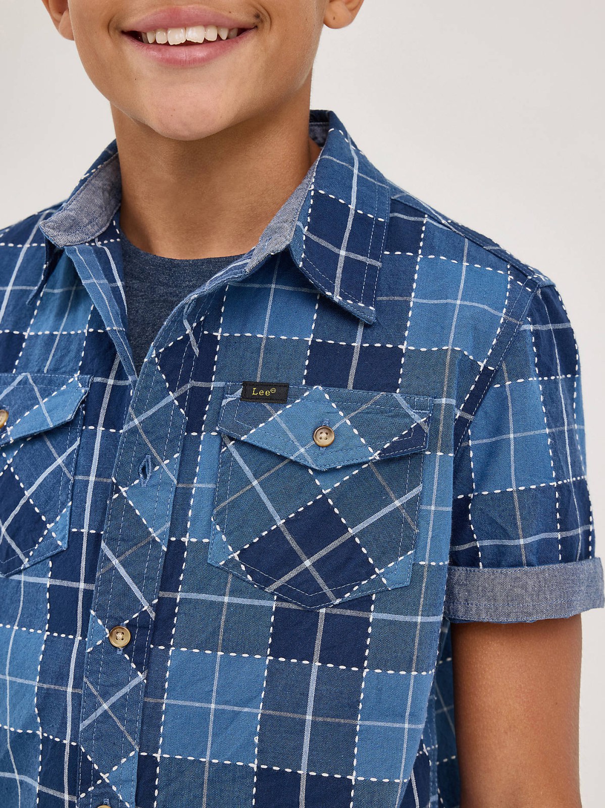 Boy's Chambray Plaid Button Down Shirt - view 3