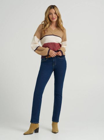Women's Ribbed V-Neck Color Block  Sweater