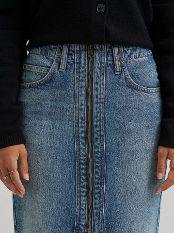 Women's High Rise Zip Front Denim Midi Skirt