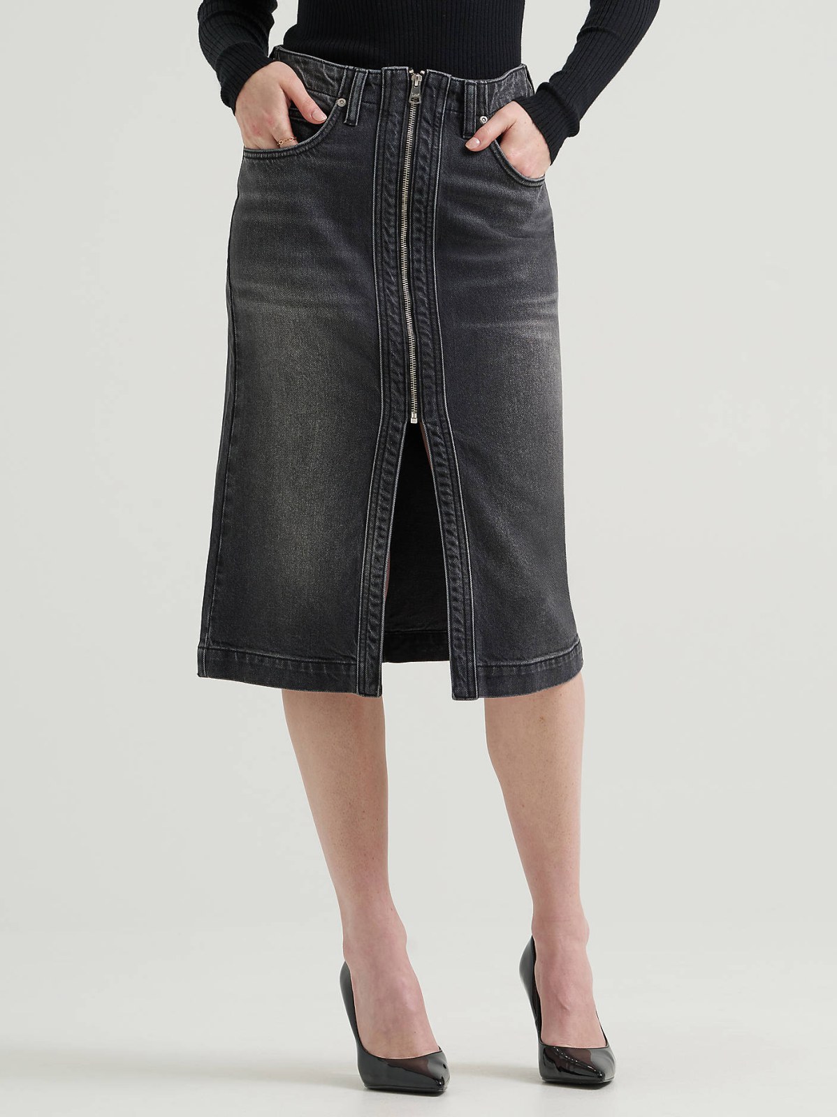 Women's High Rise Zip Front Denim Midi Skirt - view 2