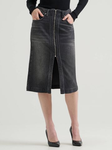 Women's High Rise Zip Front Denim Midi Skirt — alternate view
