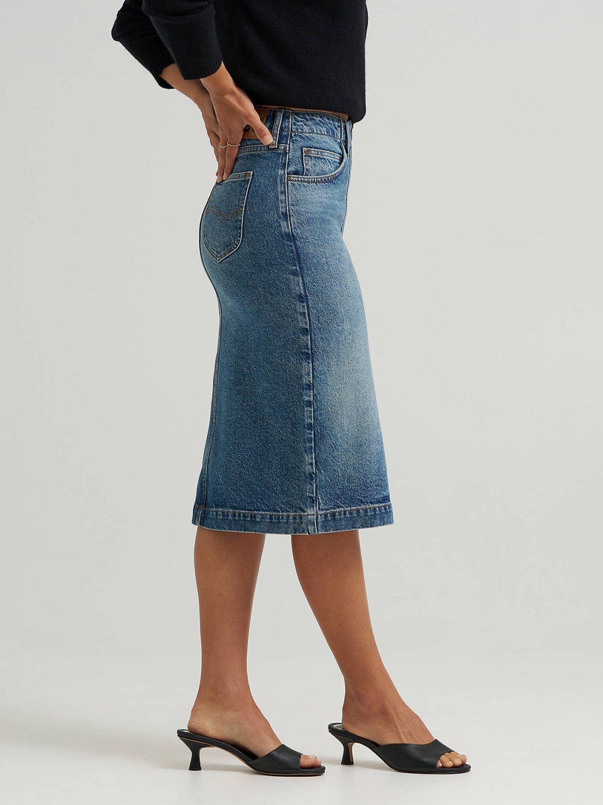 Women's High Rise Zip Front Denim Midi Skirt - view 5