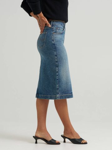 Women's High Rise Zip Front Denim Midi Skirt