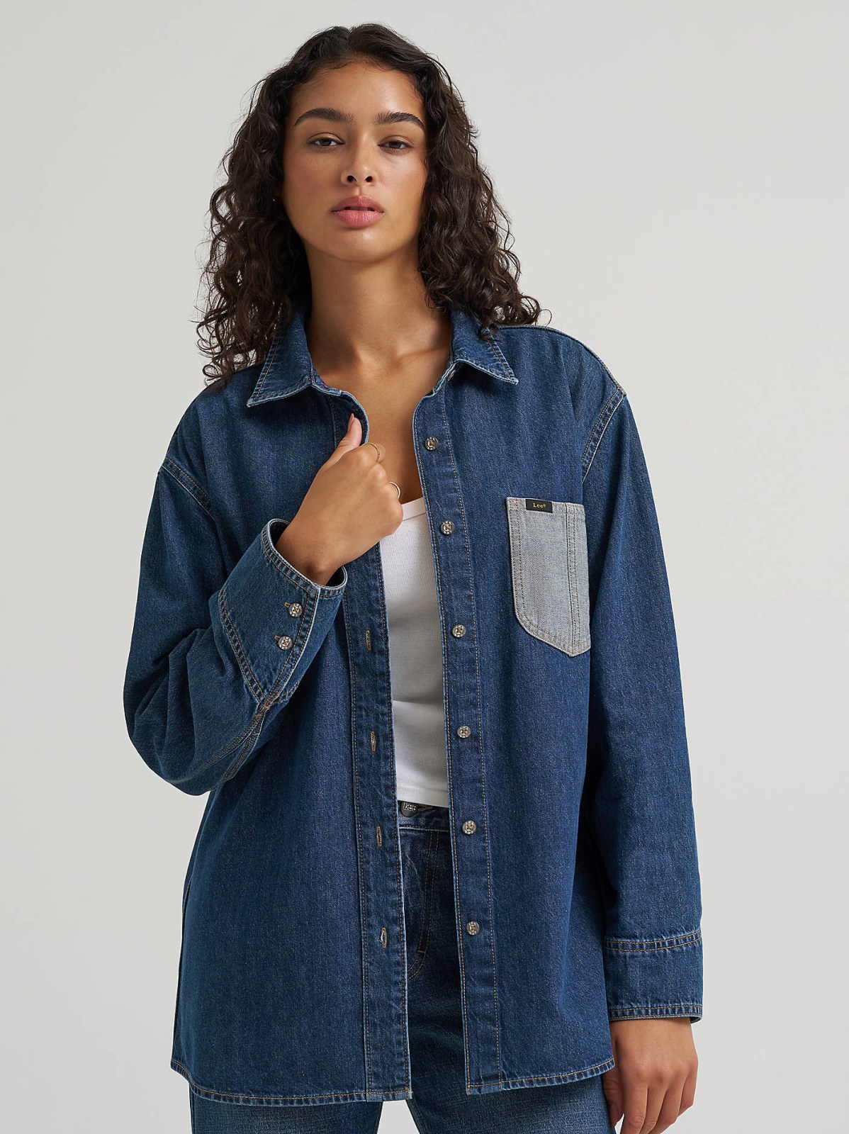 Women's Reversed Denim Oversized Button Up Shirt - view 2