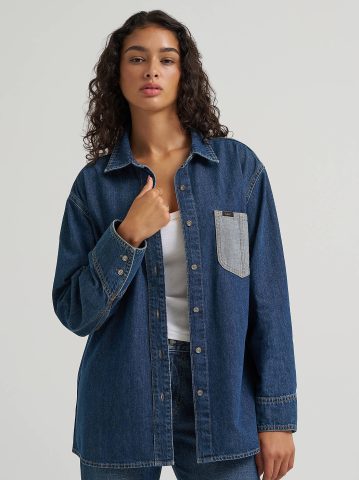 Women's Reversed Denim Oversized Button Up Shirt — alternate view