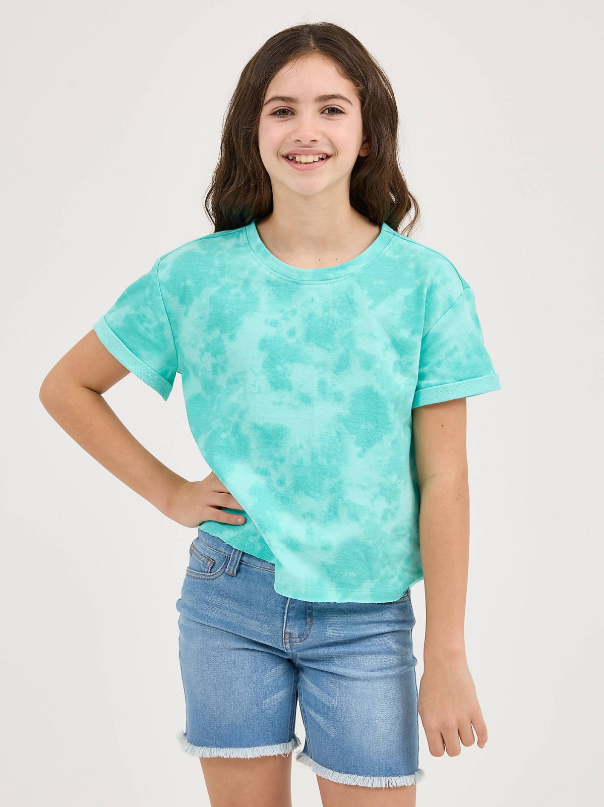 Girl's Short Sleeve Tie Dye French Terry Crop Sweatshirt