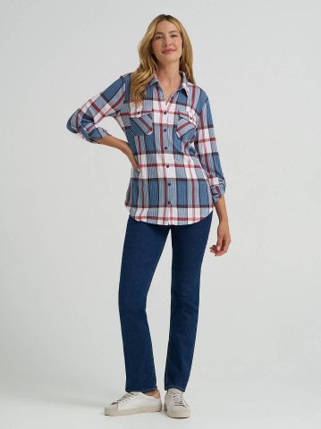 Women's Double Pocket Plaid Button Down Shirt