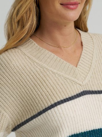 Women's Ribbed V-Neck Color Block  Sweater