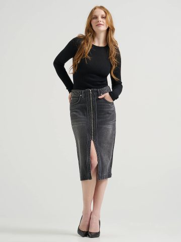 Women's High Rise Zip Front Denim Midi Skirt Women's High Rise Zip Front Denim Midi Skirt