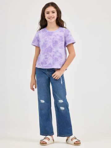 Girl's Short Sleeve Tie Dye French Terry Crop Sweatshirt