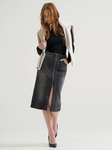 Women's High Rise Zip Front Denim Midi Skirt