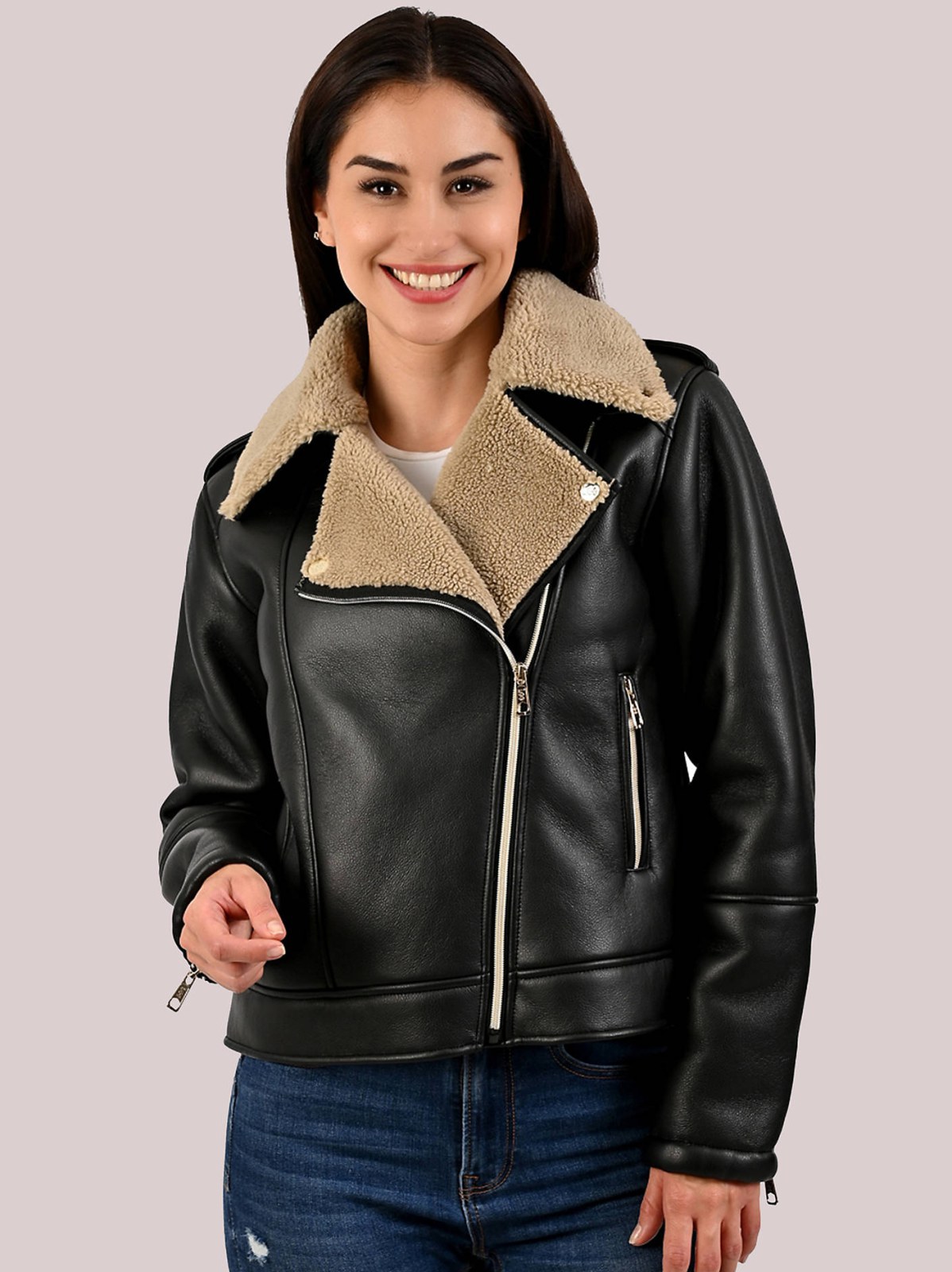 Women's Sherpa Lined Vegan Leather Moto Jacket