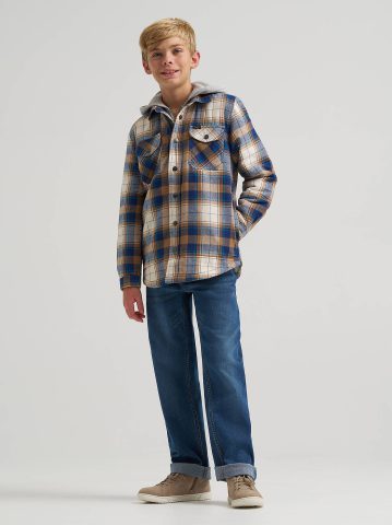 Boy's Flannel Sherpa Shacket with Fleece Lined Hood