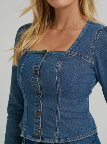 Women's Square Neck Denim Button Down Shirt