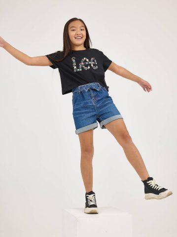 Girl's Belted Pleated Denim Short