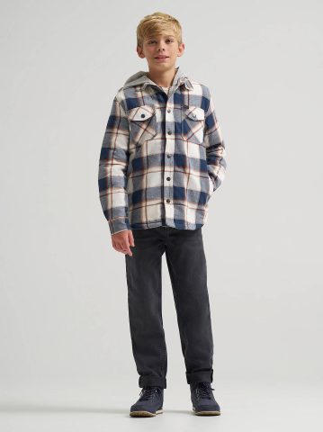 Boy's Flannel Sherpa Shacket with Fleece Lined Hood