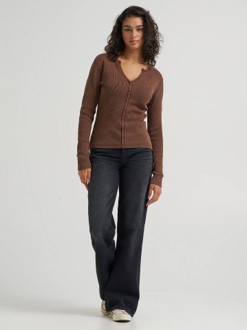 Women's Waffle Knit Henley Button Down Top