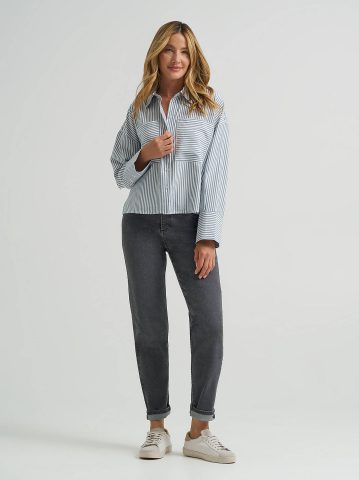 Women's Striped Crop Button Down Shirt