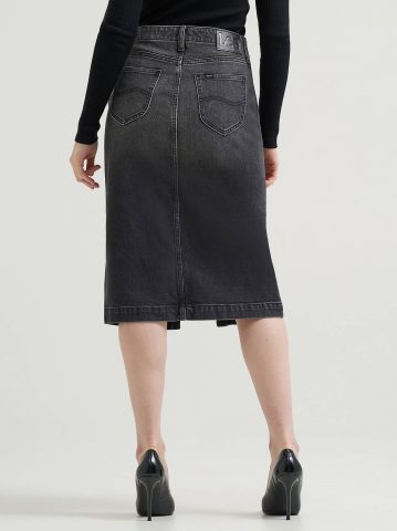 Women's High Rise Zip Front Denim Midi Skirt