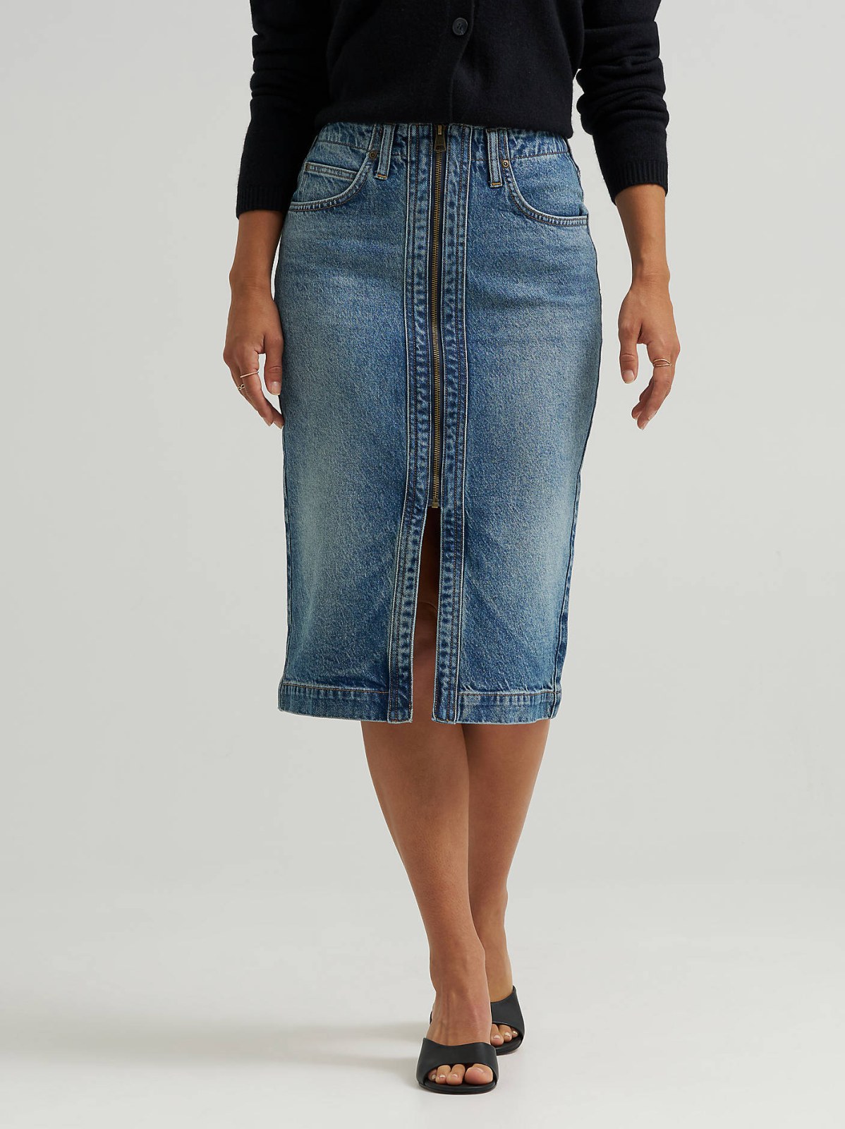 Women's High Rise Zip Front Denim Midi Skirt - view 3