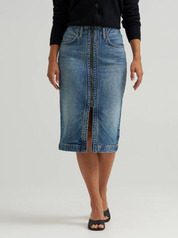 Women's High Rise Zip Front Denim Midi Skirt