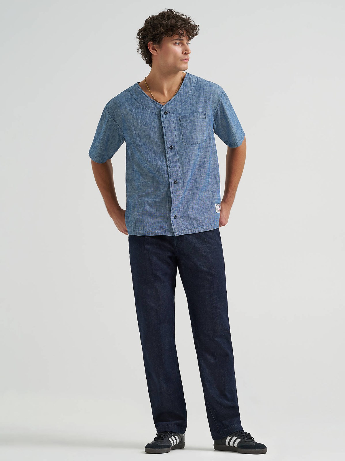 Men's Loose Chambray Button Down Baseball Shirt - view 6