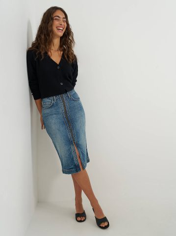 Women's High Rise Zip Front Denim Midi Skirt