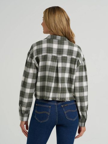 Women's Plaid Flannel Crop Shirt with Raw Hem